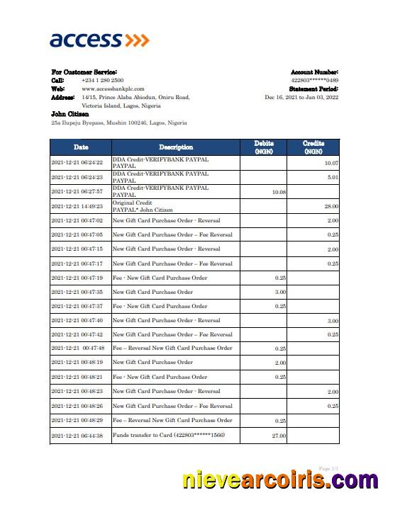 Nigeria Access bank statement Excel and PDF